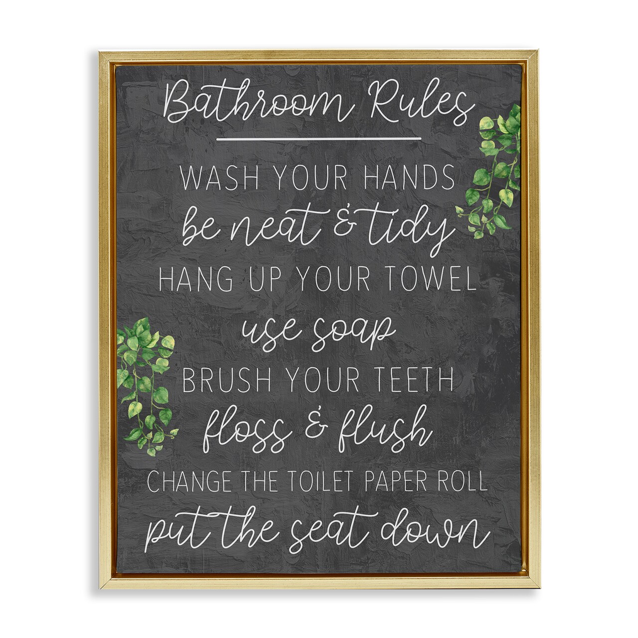 Stupell Industries Bathroom Rules with Greenery Framed Floater Canvas Wall Art Design by Kim Allen